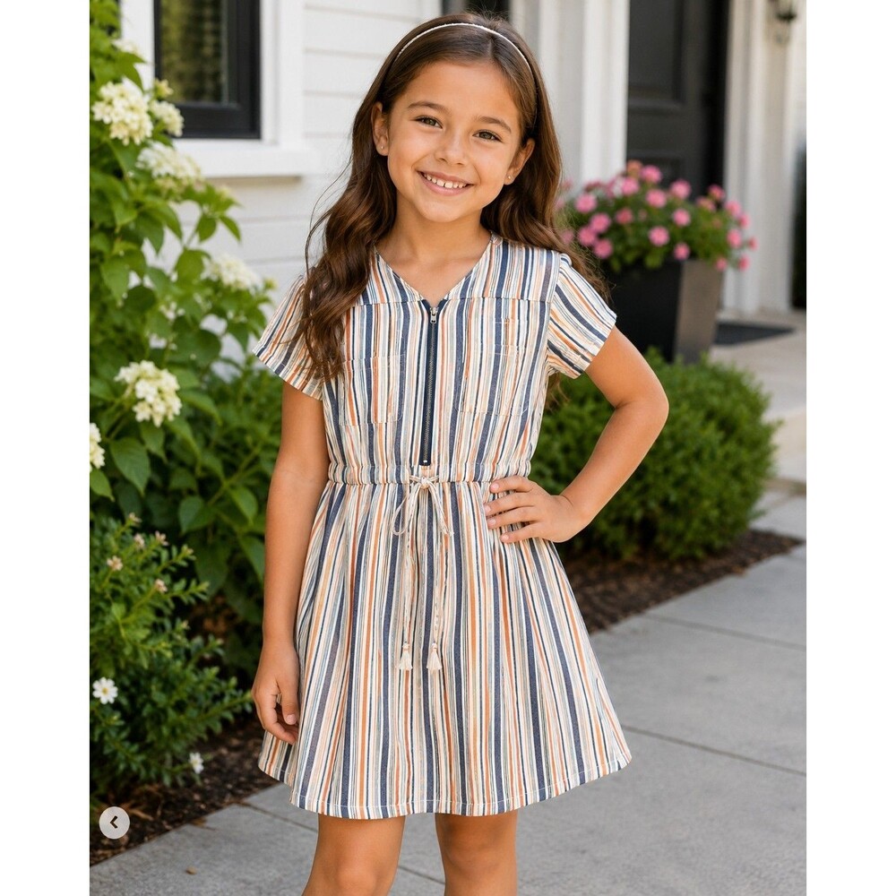 Emma Expressi Girls Striped Dress – Blue Orange White Short Sleeve Zip Front Tie